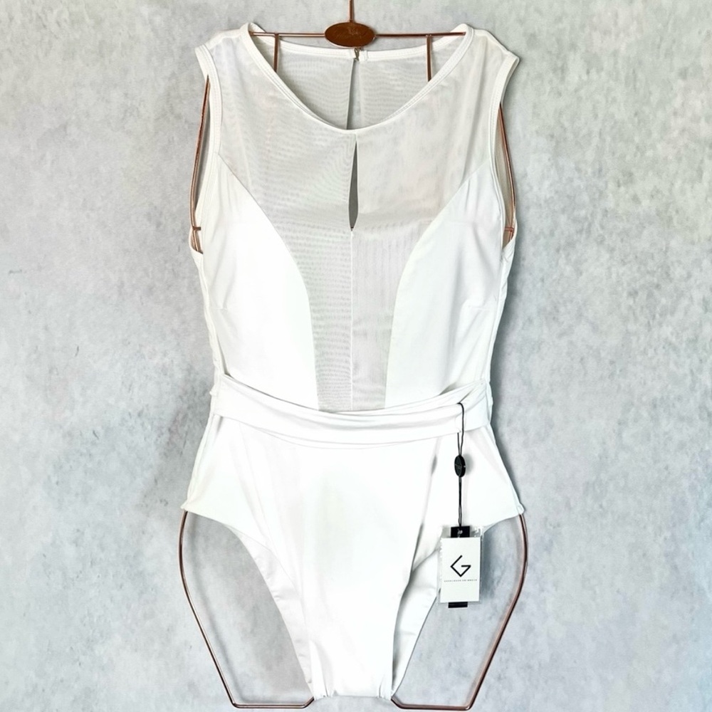 White one piece swimsuit w/ mesh and keyhole design in front and back monokini